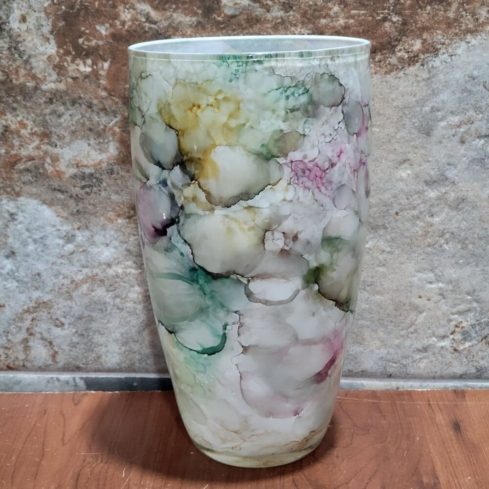 Art Glass Vase Multi Watercolor Design 10" Tall